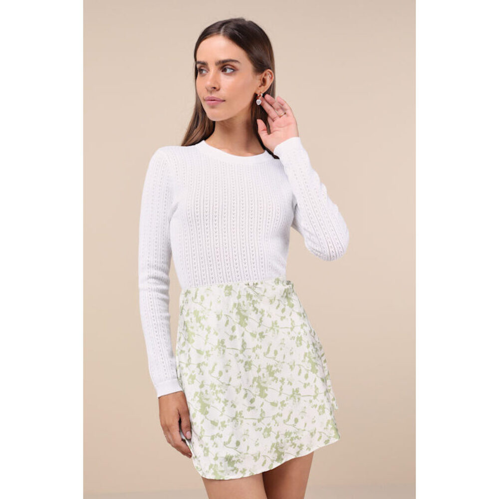 Lulus Trendy Sweetness White Pointelle Knit Long Sleeve Sweater Top - Size XL